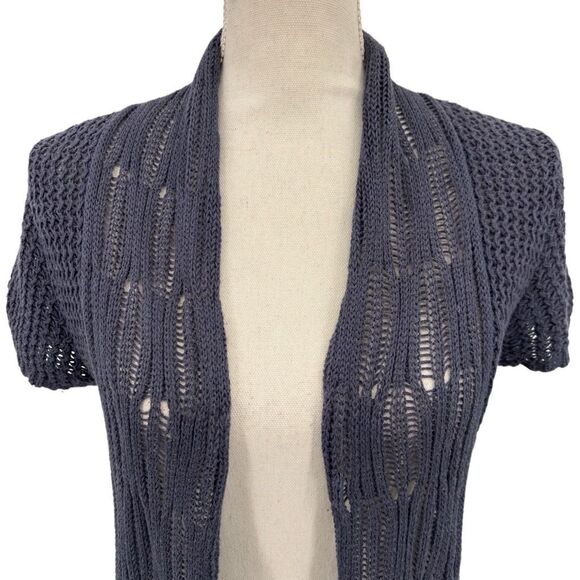 Cabi Drape Open Front Knit Short Sleeve Asymmetric Hem Boho Cardigan Gray Medium - Picture 6 of 12